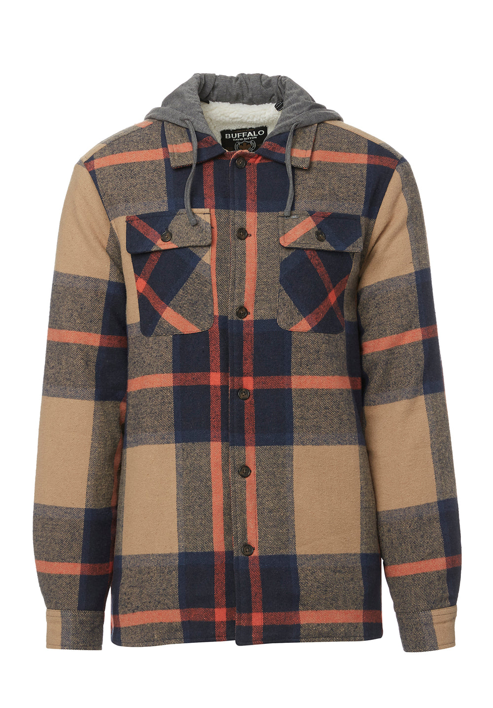 Jiref Men s Hoodie Shacket in Tan Navy Plaid Buffalo Jeans