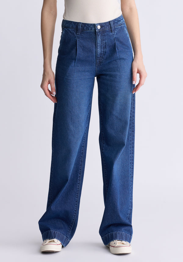 Jean à taille haute et jambe large pour femme Addie, de couleur indigo contrastant - BL16002