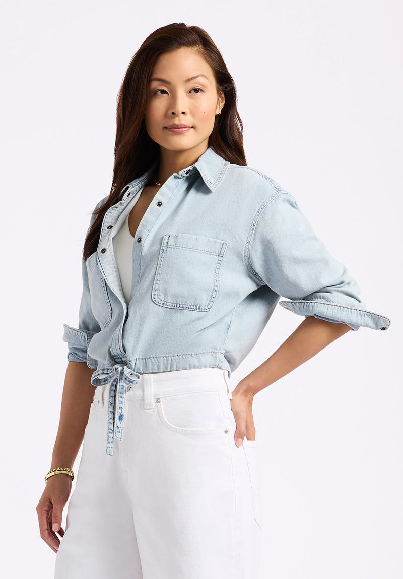 Serena Women's Long-Sleeve Cropped Denim Shirt, Bleached Down Blue - BL16021