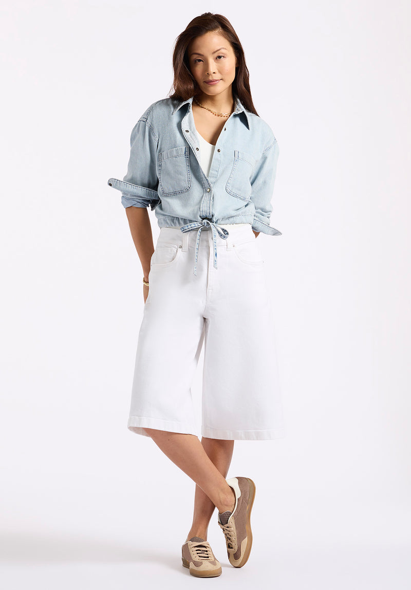 Serena Women's Long-Sleeve Cropped Denim Shirt, Bleached Down Blue - BL16021