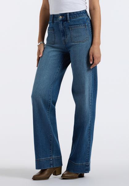 High Rise Wide Leg Addie Women's Jeans, Authentic Worn Indigo - BL16064