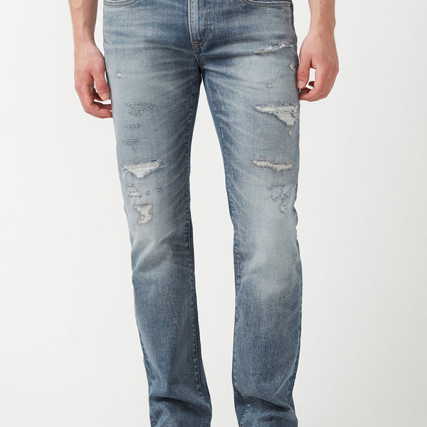 Straight Six Men's Jeans in Distressed and Whiskered Light Blue 