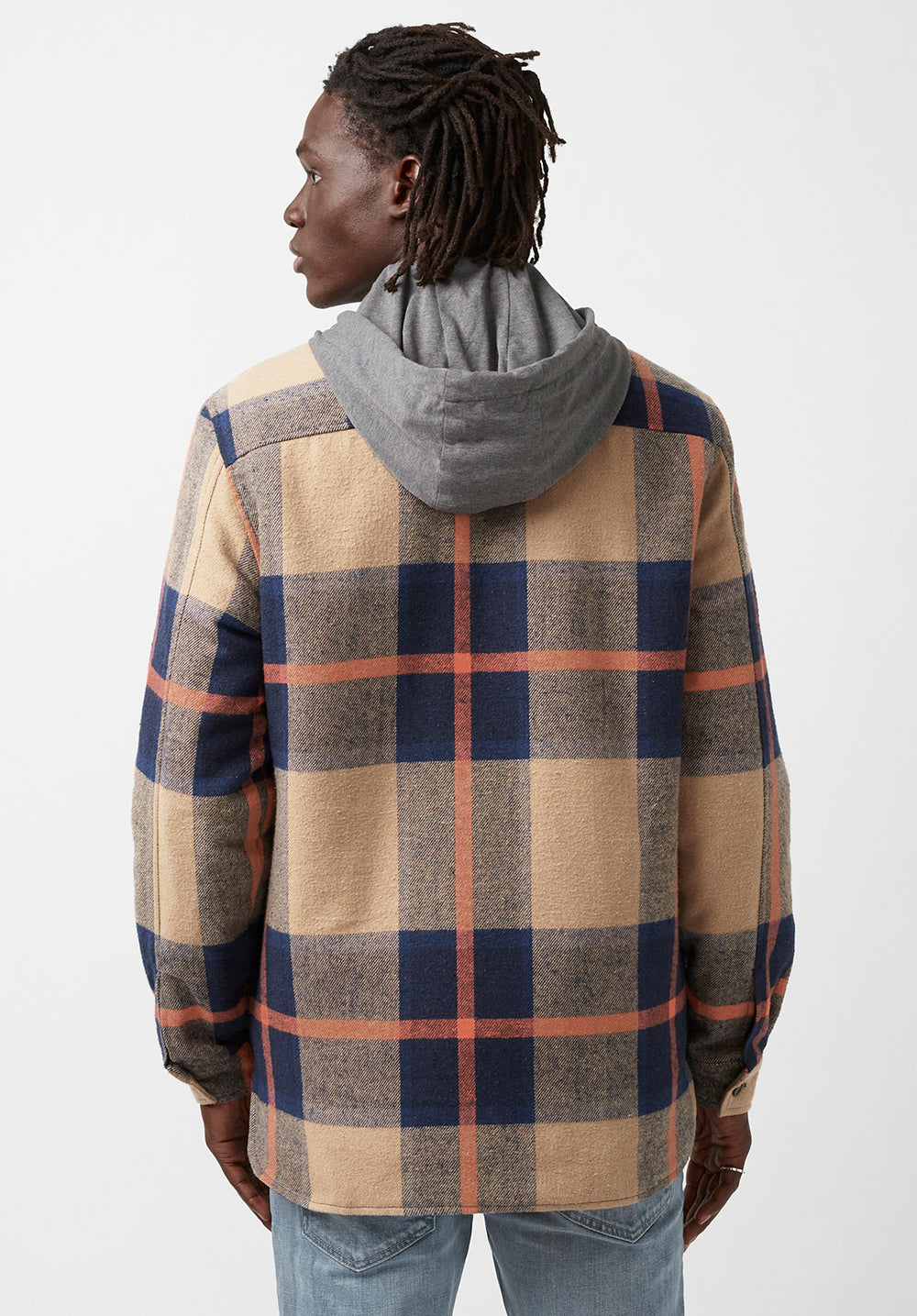 Jiref Men s Hoodie Shacket in Tan Navy Plaid Buffalo Jeans