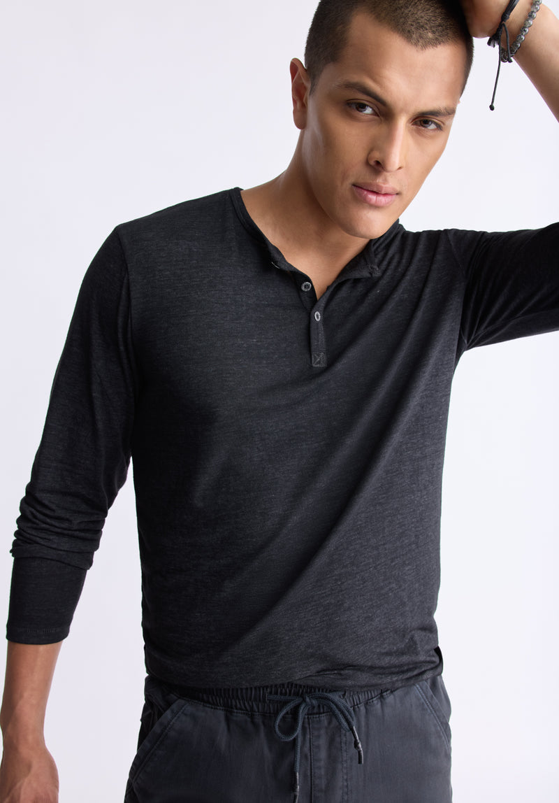 Buffalo David Bitton Kaduk Men's Long-Sleeve Burnout Henley Top, Black - BM24237 Color BLACK