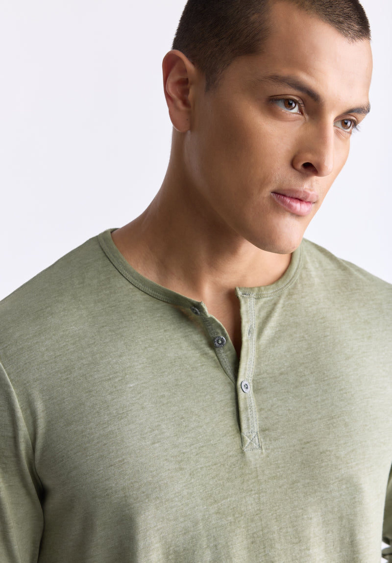 Buffalo David Bitton Kaduk Men's Long-Sleeve Burnout Henley Top, Army Green - BM24237 Color ARMY GREEN