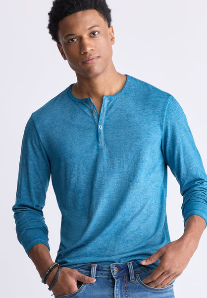 Buffalo David Bitton Kaduk Men's Long-Sleeve Burnout Henley Top, Atlantic Blue - BM24237 Color ATLANTIC BLUE