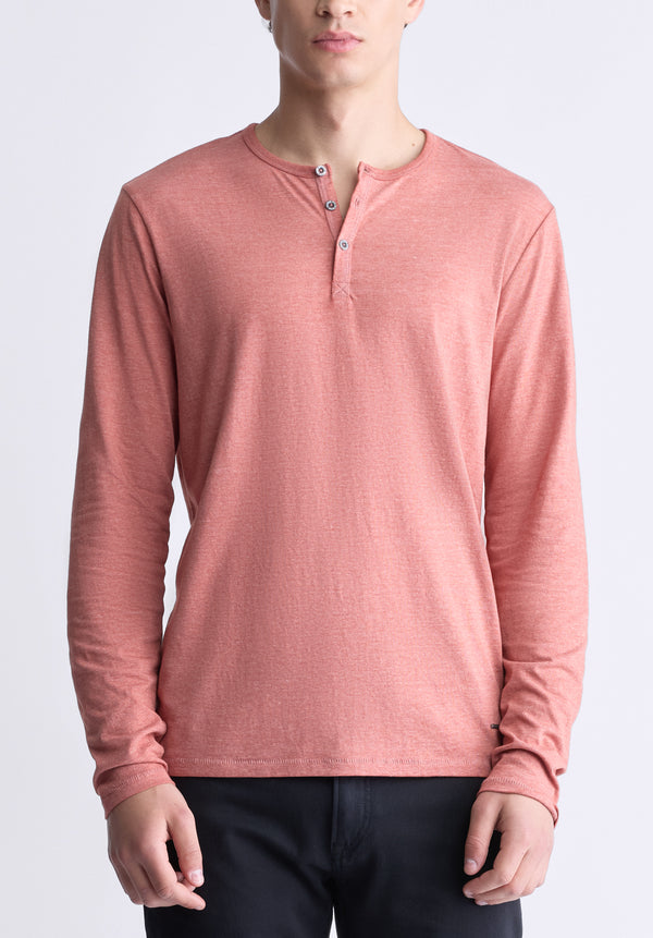 Buffalo David Bitton Kaduk Men's Long-Sleeve Burnout Henley Top, Red Ochre - BM24237 Color RED OCHRE