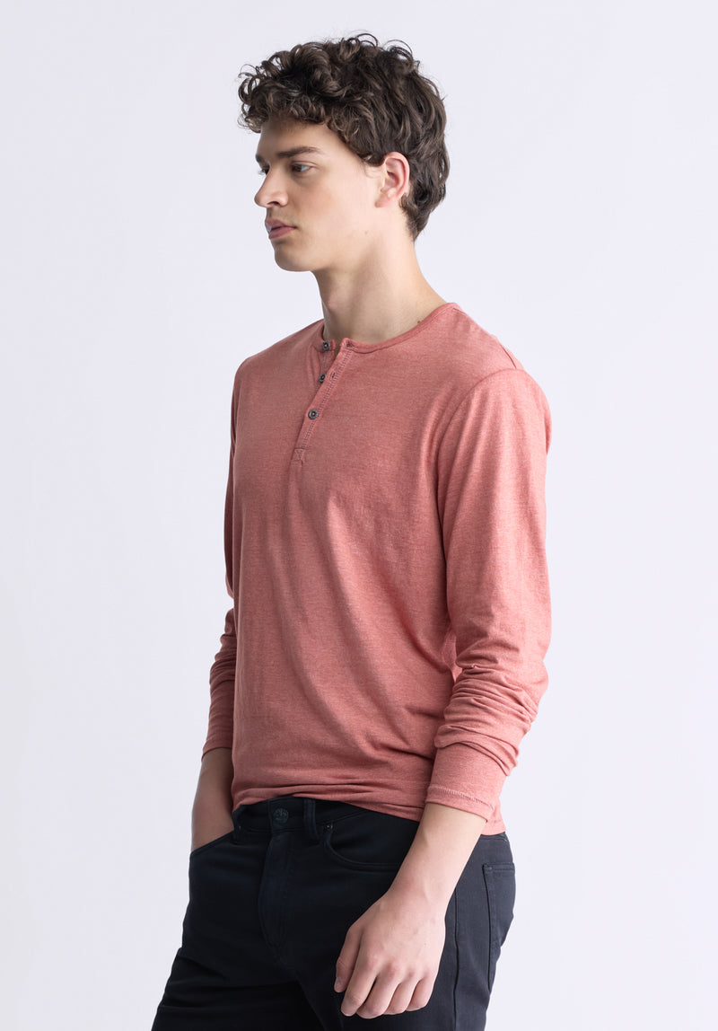 Buffalo David Bitton Kaduk Men's Long-Sleeve Burnout Henley Top, Red Ochre - BM24237 Color RED OCHRE