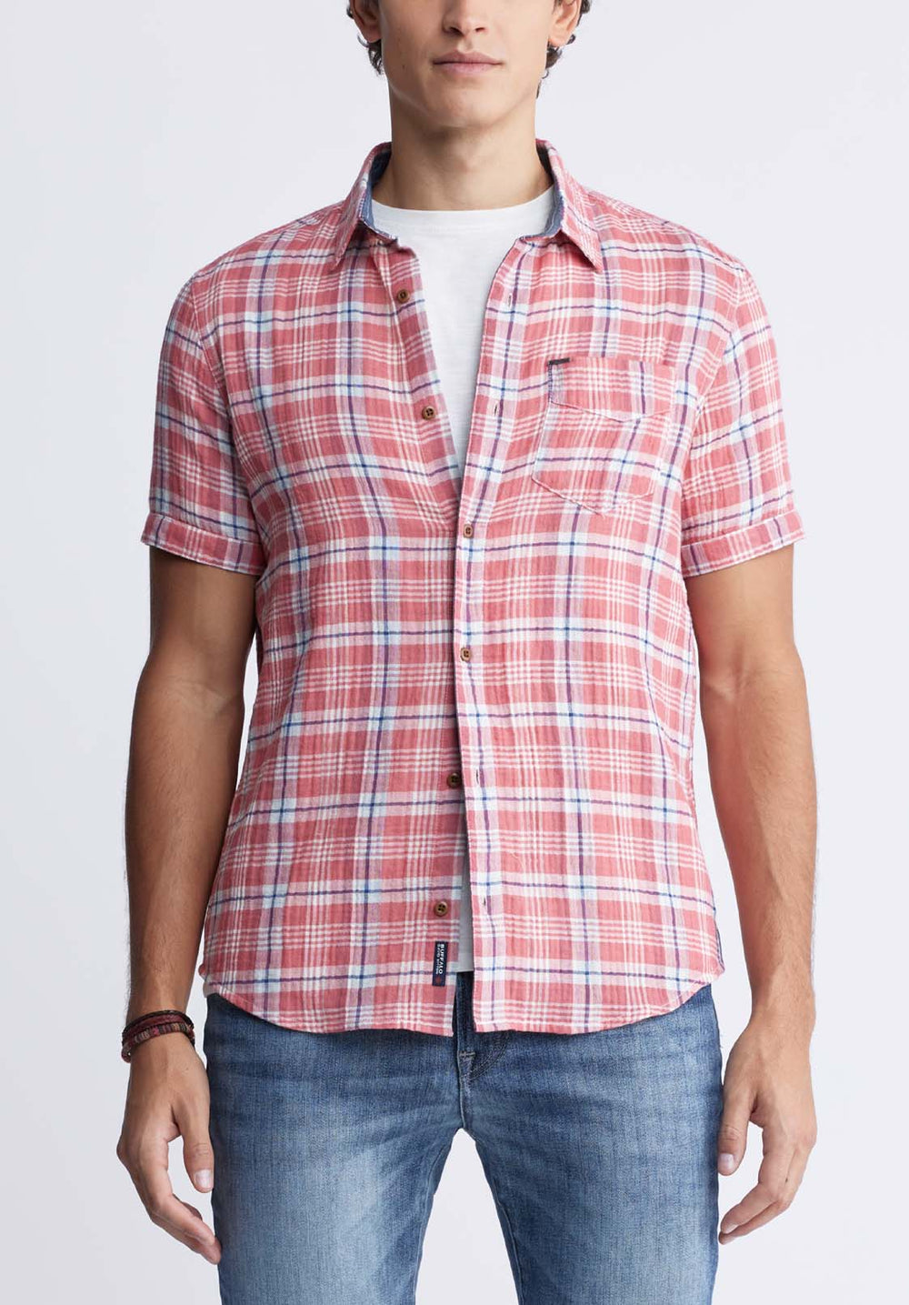 BORGO28 Men’s offers Sz L Red And Grey Plaid Cotton Casual Button Down Shirt