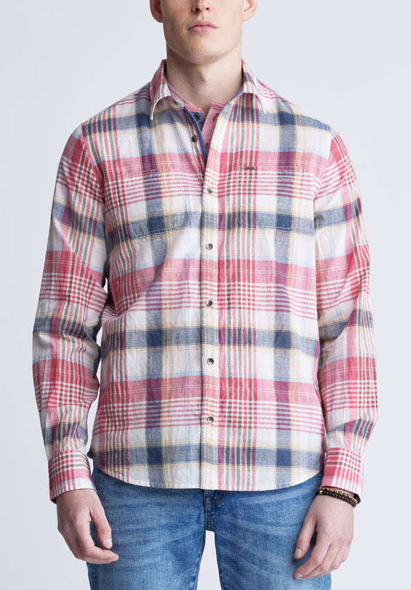 Buffalo David Bitton Sizar Men's Long Sleeve Plaid Shirt, White with Pink and Blue - BM24370 Color HOLLY BERRY
