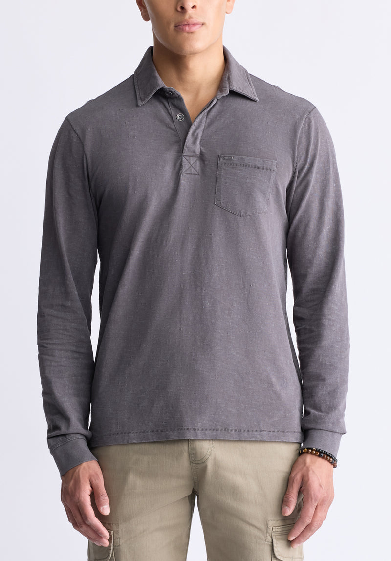 Buffalo David Bitton Kimmy Men's Long-Sleeve Polo with Pocket, Charcoal - BM24378 Color CHARCOAL