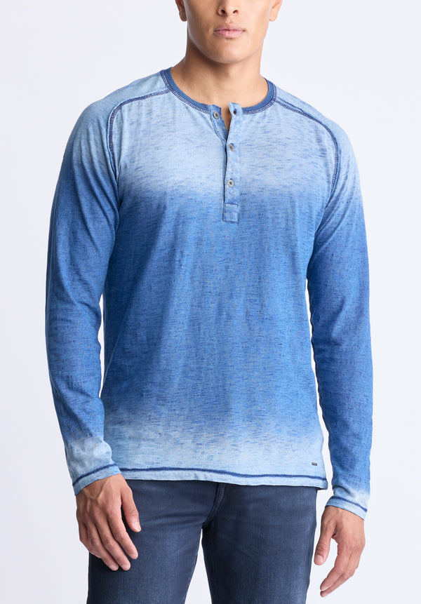 Kibbe Men's Ombre Long Sleeve Henley, Blue Gradient - BM24379