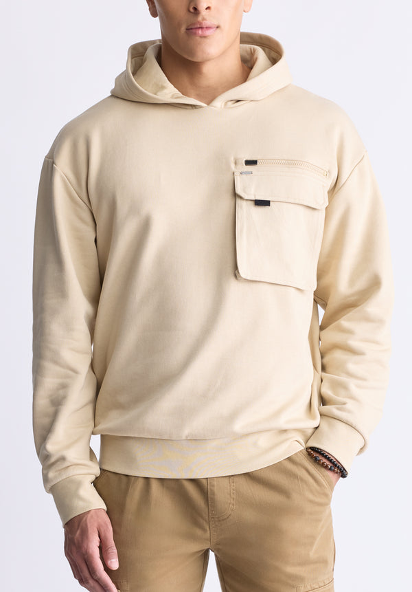 Buffalo David Bitton Fabio Men's Hooded Sweatshirt with Chest Pocket, Cream - BM24393 Color IRISH CREAM