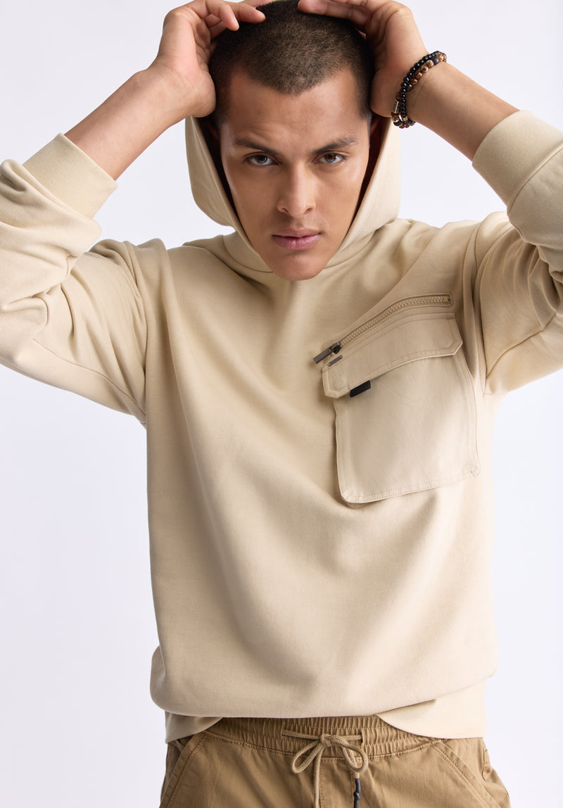 Buffalo David Bitton Fabio Men's Hooded Sweatshirt with Chest Pocket, Cream - BM24393 Color IRISH CREAM