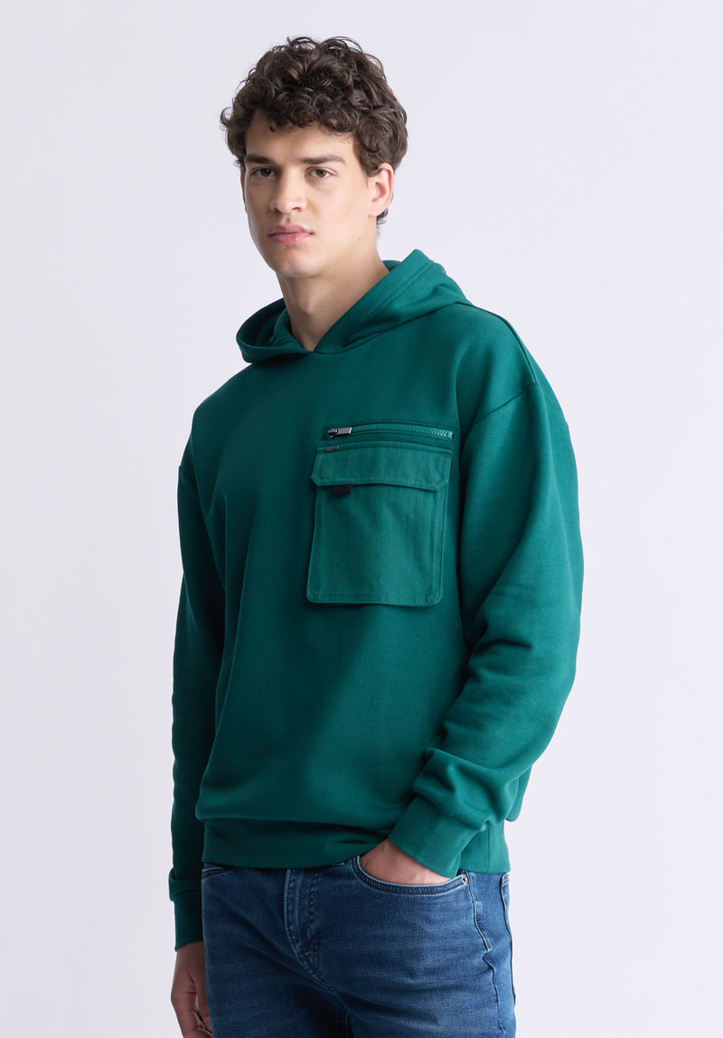 Buffalo David Bitton Fabio Men's Hooded Sweatshirt with Chest Pocket, Forest Green - BM24393 Color RAIN FOREST