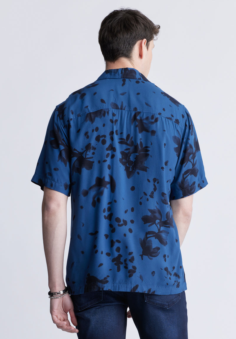 Buffalo David Bitton Sinzo Men's Short Sleeve Shirt, Blue with Black Print - BM24402 Color TRUE BLUE