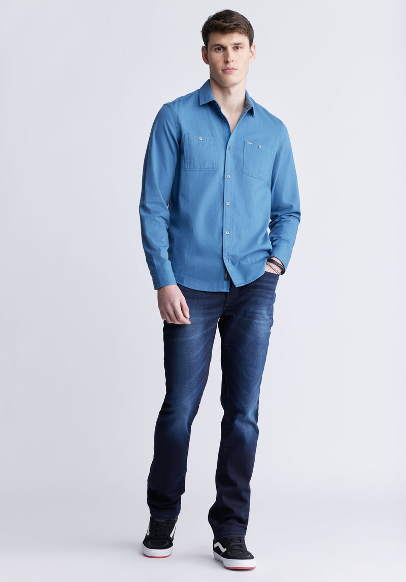 Buffalo David Bitton Sagrani Men's Long Sleeve Woven Shirt, Blue - BM24403 Color TRUE BLUE