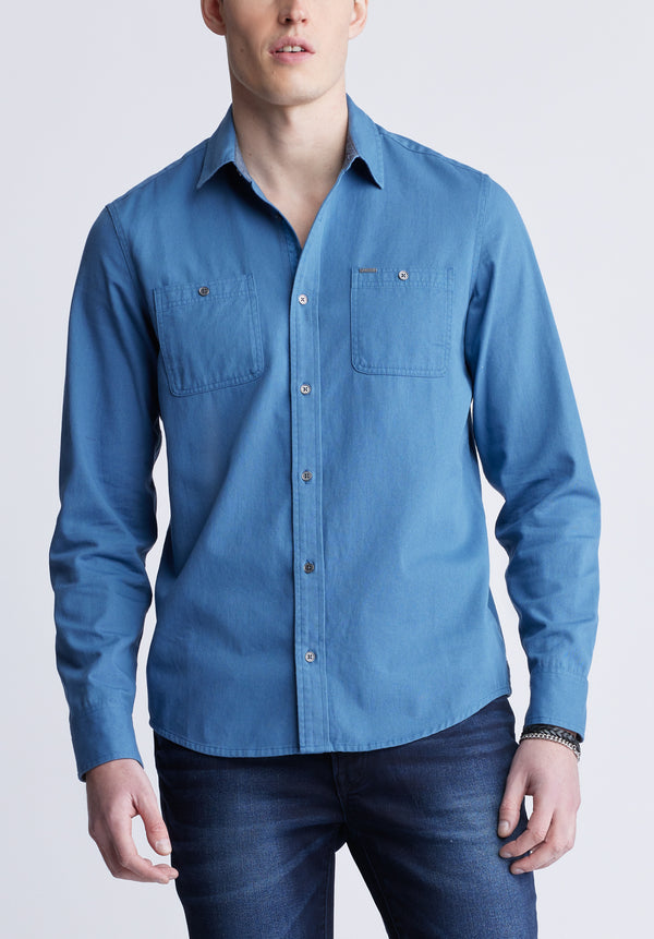 Buffalo David Bitton Sagrani Men's Long Sleeve Woven Shirt, Blue - BM24403 Color TRUE BLUE