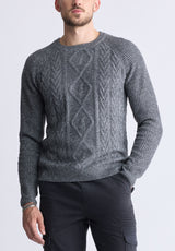 Wallaby Men’s Nep Yarn Cable Knit Crewneck Sweater, Grey - BM24417