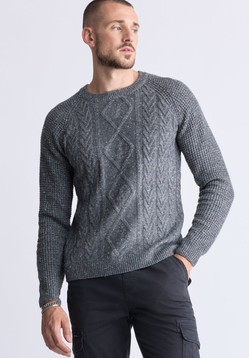 Wallaby Men’s Nep Yarn Cable Knit Crewneck Sweater, Grey - BM24417