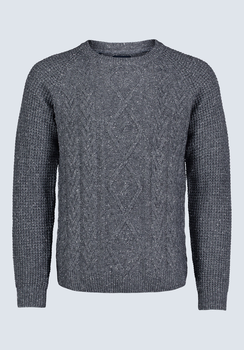 Wallaby Men’s Nep Yarn Cable Knit Crewneck Sweater, Grey - BM24417