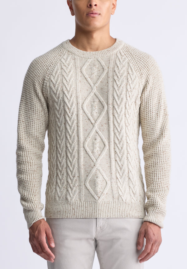 Wallaby Men’s Nep Yarn Cable Knit Crewneck Sweater, Cream - BM24417