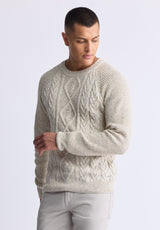 Wallaby Men’s Nep Yarn Cable Knit Crewneck Sweater, Cream - BM24417