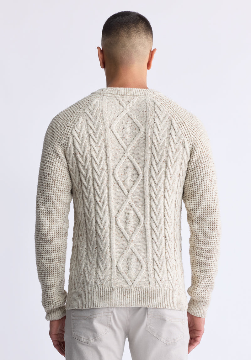 Wallaby Men’s Nep Yarn Cable Knit Crewneck Sweater, Cream - BM24417