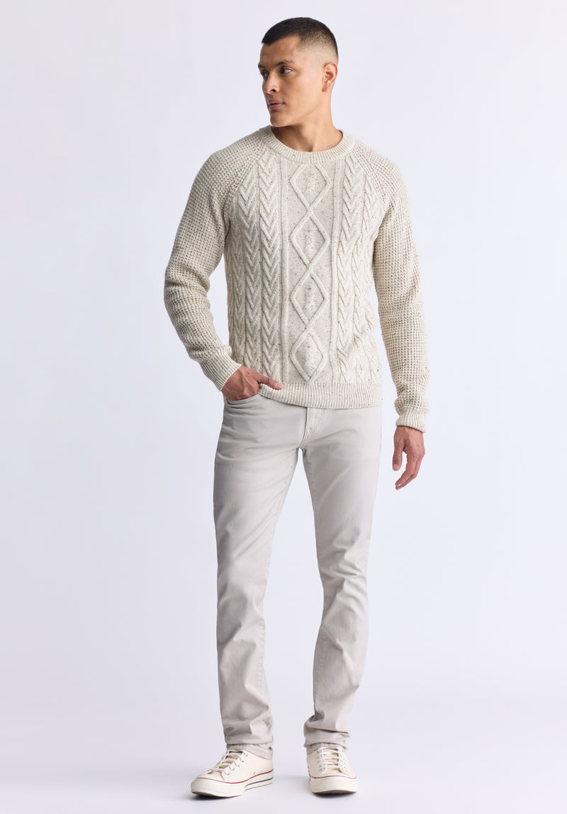 Wallaby Men’s Nep Yarn Cable Knit Crewneck Sweater, Cream - BM24417