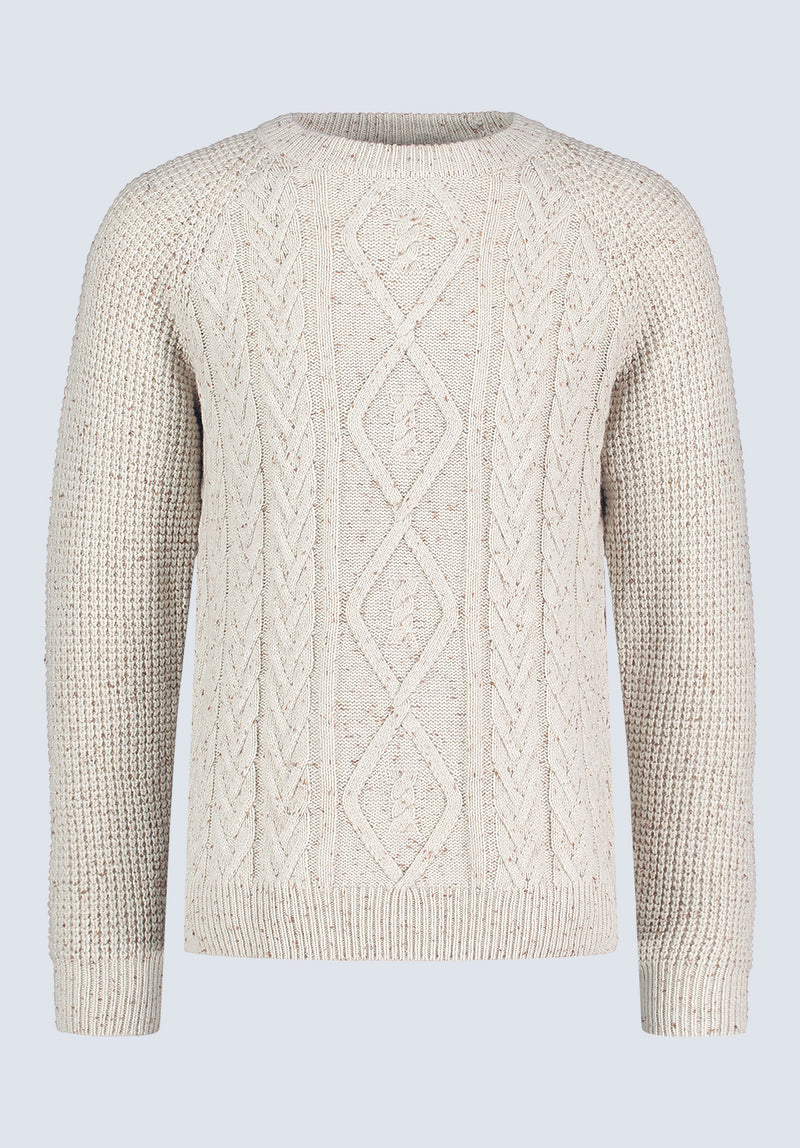 Wallaby Men’s Nep Yarn Cable Knit Crewneck Sweater, Cream - BM24417