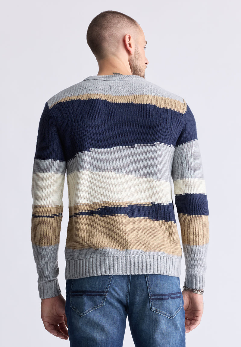 Wollen Men's Striped Colorblock Crewneck Sweater, Grey - BM24418