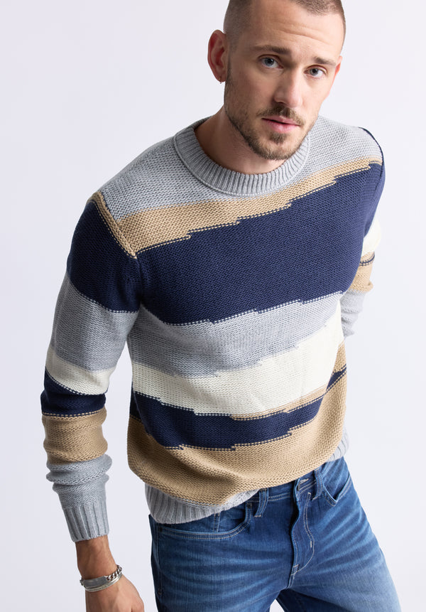 Wollen Men's Striped Colorblock Crewneck Sweater, Grey - BM24418