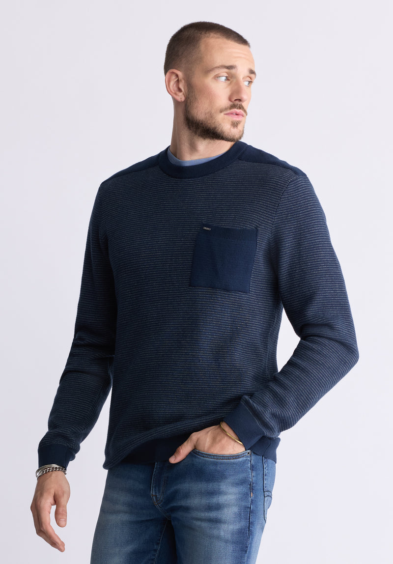 Buffalo David Bitton William Men's Striped Knit Pullover, Midnight Blue - BM24420 Color MIDNIGHT BLUE