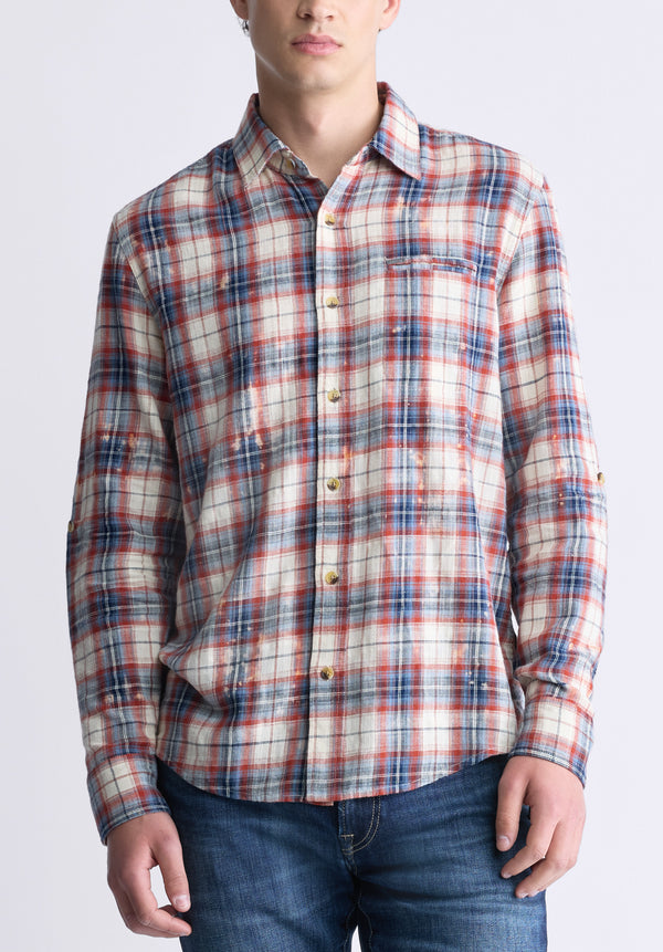 Buffalo David Bitton Simbio Men's Long-Sleeve Plaid Shirt, Beige, Blue & Red - BM24429 Color MIRAGE