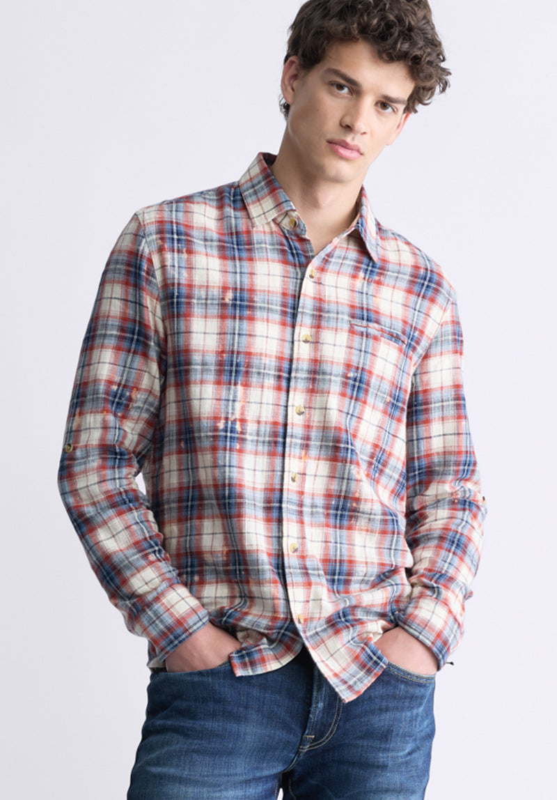 Buffalo David Bitton Simbio Men's Long-Sleeve Plaid Shirt, Beige, Blue & Red - BM24429 Color MIRAGE