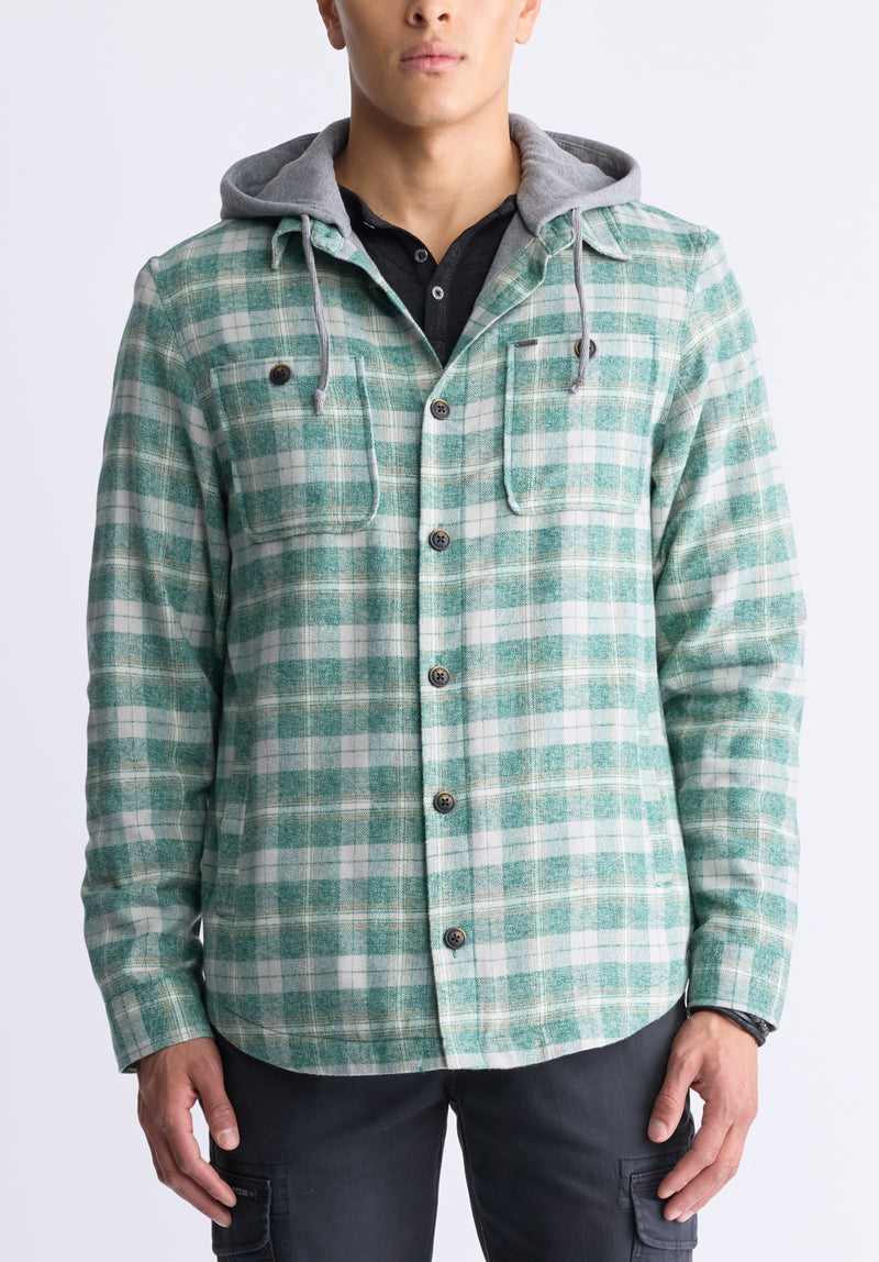 Buffalo David Bitton Jakeim Men's Plaid Hooded Shacket, Grey & Green - BM24443 Color RAIN FOREST