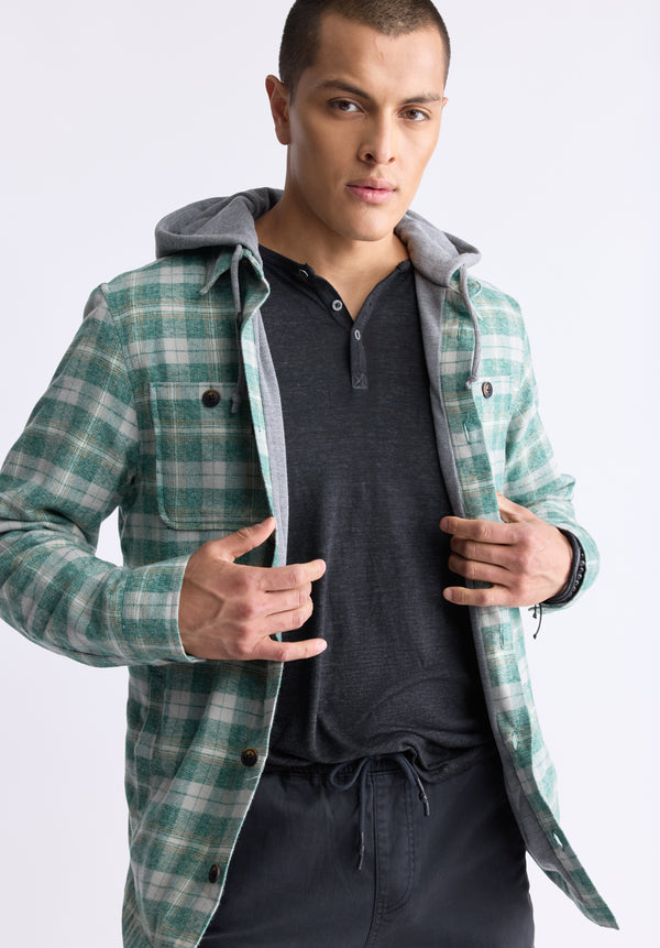 Buffalo David Bitton Jakeim Men's Plaid Hooded Shacket, Grey & Green - BM24443 Color RAIN FOREST