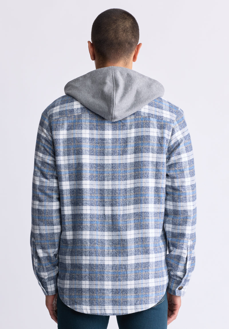 Buffalo David Bitton Jakeim Men's Plaid Hooded Shacket, Grey & Blue - BM24443 Color CORONET BLUE