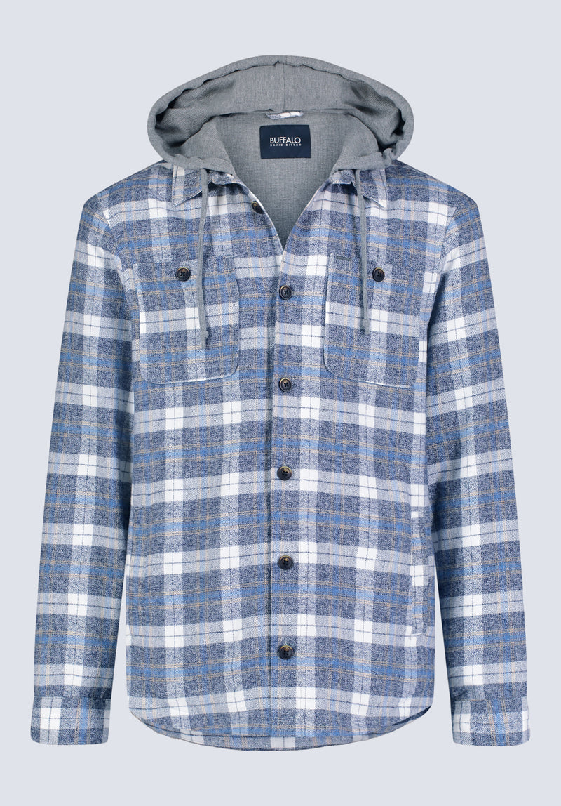 Jakeim Men's Plaid Hooded Shacket, Grey & Blue - BM24443