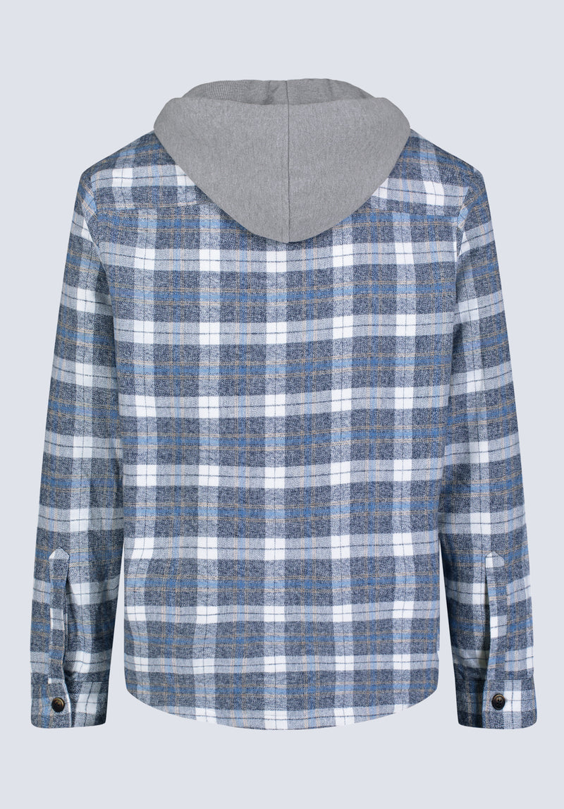 Jakeim Men's Plaid Hooded Shacket, Grey & Blue - BM24443