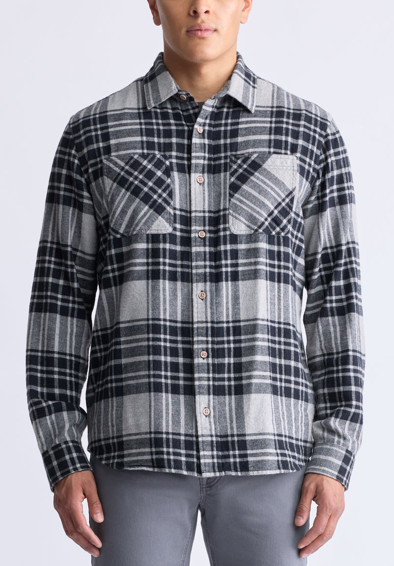 Sinato Men's Classic Plaid Shirt, Grey - BM24449