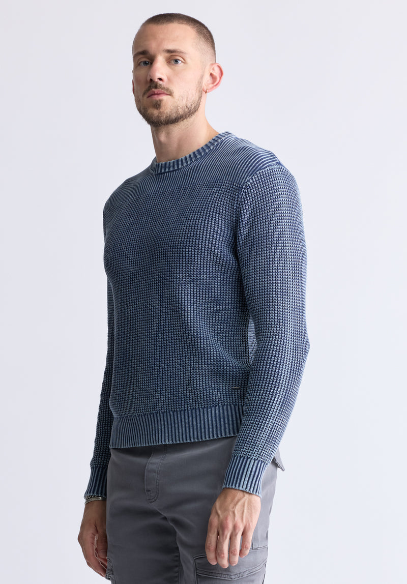 Washy Men's Textured Knit Crewneck Sweater, Navy - BM24451