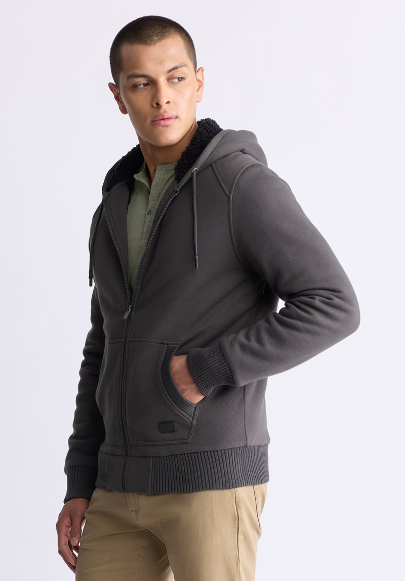 Buffalo David Bitton Fasox Men's Zip-Up Hooded Jacket with Sherpa Lining, Charcoal - BM24463 Color CHARCOAL