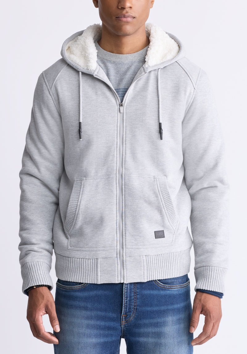 Buffalo David Bitton Fasox Men's Zip-Up Hooded Jacket with Sherpa Lining, Light Heather Grey - BM24463 Color HEATHER GREY