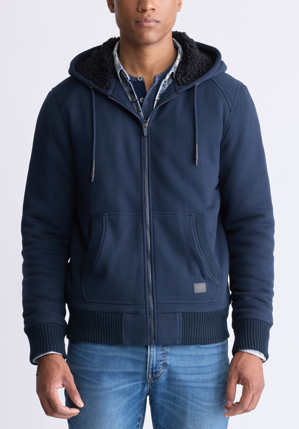 Buffalo David Bitton Fasox Men's Zip-Up Hooded Jacket with Sherpa Lining, Midnight Blue - BM24463 Color MIDNIGHT BLUE