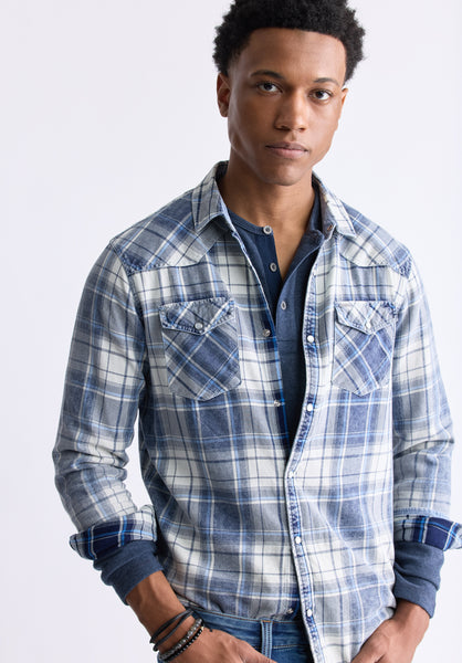 Buffalo David Bitton Sierra Men's Long-Sleeve Plaid Shirt, White & Mirage Blue - BM24465 Color MIRAGE