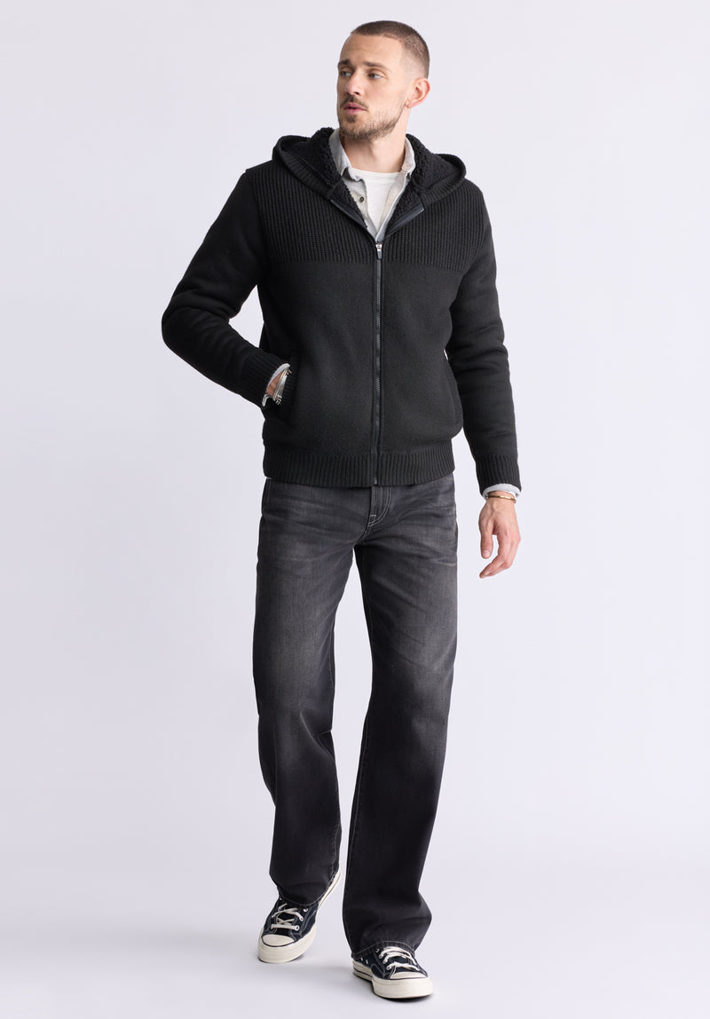 Buffalo David Bitton Walmick Men's Full-Zip Knit Hoodie with Sherpa Lining, Black - BM24477 Color BLACK