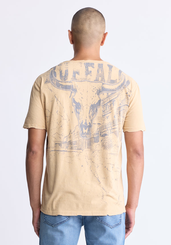 Buffalo David Bitton Tivis Men's Distressed Buffalo Graphic T-Shirt with Back Print, Curry - BM24510