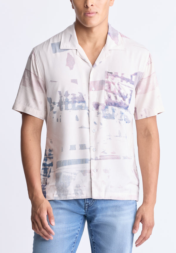 Buffalo David Bitton Sabob Men's Abstract Print Short-Sleeve Button-Up Shirt, Moonbeam beige - BM24523