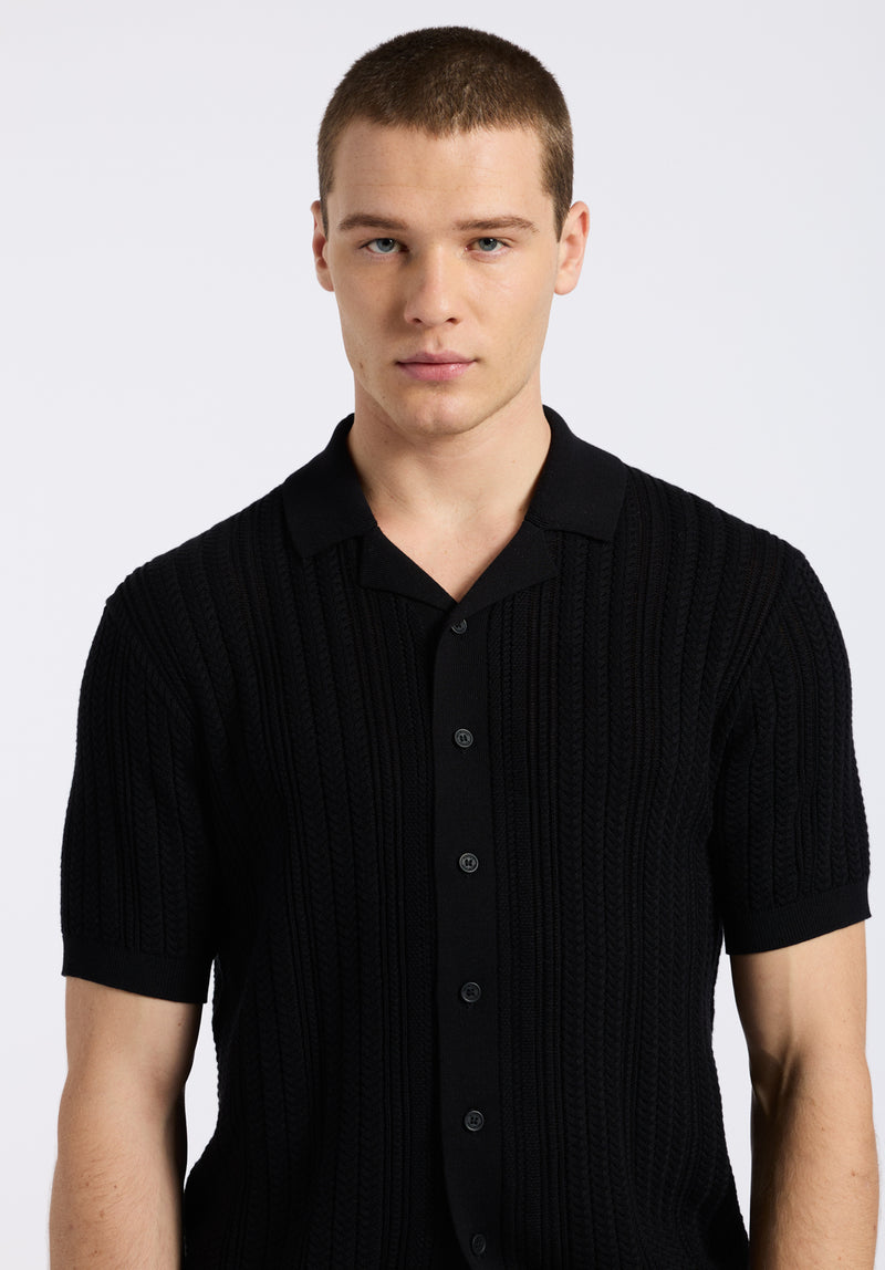 Wasko Men's Cable-Knit Short-Sleeve Button-Up Polo, Black - BM24540